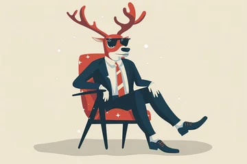 Poster Modern reindeer in business attire and sunglasses, sitting confidently in chair, creative Christmas concept illustration © Lucija