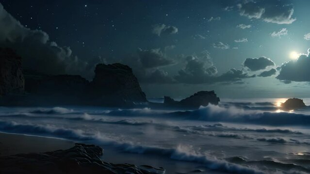 Beautiful seascape at night with full moon. 3d rendering, AI Generated