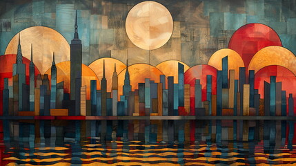 an Collage Painting artwork of a Manhatten skyline, Geometric Square Collage Painting artwork 