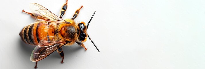 Bee macro isolated on a white background. Detailed bee. Concept of close up insect, entomology studies, and nature's intricacy. Banner. Copy space - obrazy, fototapety, plakaty