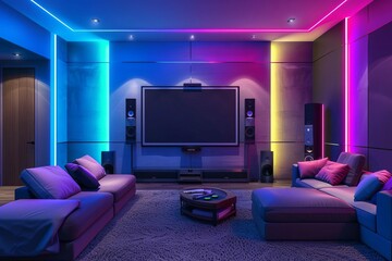 Modern living room home cinema setup with colorful LED lighting, smart home concept, 3D rendering