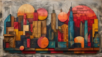 an Collage Painting artwork of a Manhatten skyline, Geometric Square Collage Painting artwork  - obrazy, fototapety, plakaty