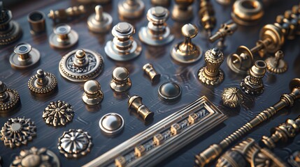 Assortment of furniture hardware on a dark surface. Elegant collection of furniture fittings. Concept of home renovation, interior design, luxury detailing, and hardware accessories.