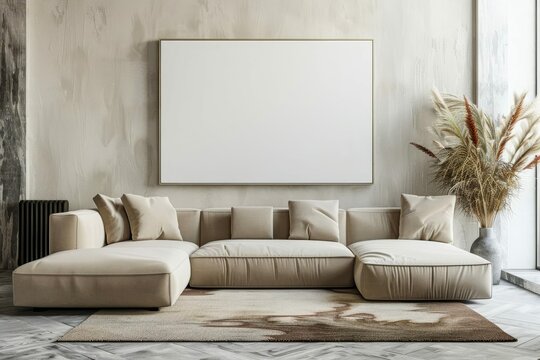 Modern living room interior with vacant white wall and beige couch, blank space for artwork - 3D rendering