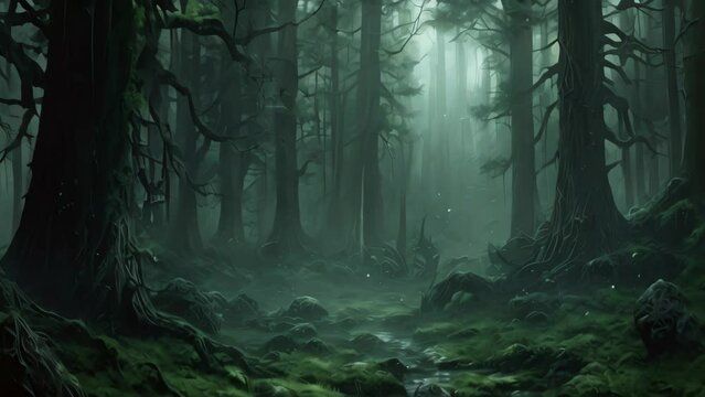 Fantasy landscape with dark forest and stream. 3d rendering, AI Generated