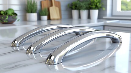 Chrome cabinet handles with reflective finish on marble countertop. Sleek kitchen pull knobs in modern home. Concept of drawer handles, luxurious kitchen design, contemporary fixtures
