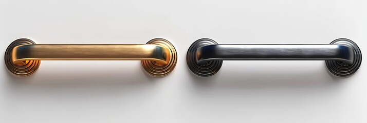 Bronze and black cabinet handles. Luxury drawer handles for modern home design. Concept of sleek kitchen accessories, cabinetry hardware, and minimalist aesthetic in home decor. White background