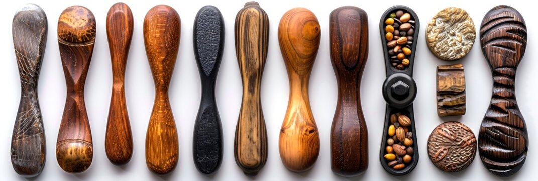 Assorted wooden drawer handles arranged on a white background. Varied selection of cabinet pulls. Concept of carpentry, interior design, modern home hardware, and wood craftsmanship. Top view