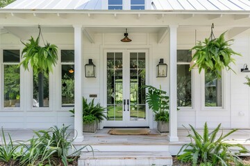 Modern farmhouse front door with lush greenery and welcoming porch decor, exterior architecture photo
