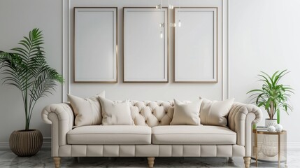 three banners on dark white panoramic living room wall mock up