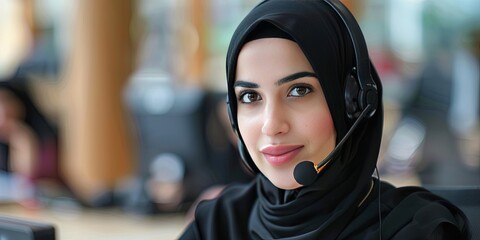 Muslim woman with head covering working in call center business
