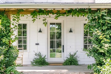 Modern farmhouse front door with lush greenery and welcoming porch decor, exterior architecture photo