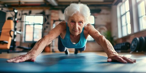 Elderly woman doing pushups on mat in gym