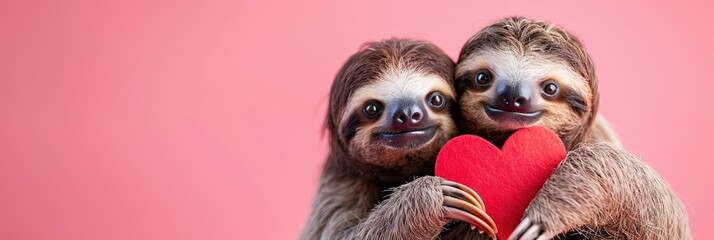 Sloth couple holding heart - obrazy, fototapety, plakaty
