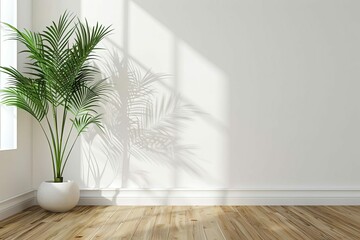 Fototapeta na wymiar Mockup of White Wall with Plant and Wooden Floor, Interior Design Concept