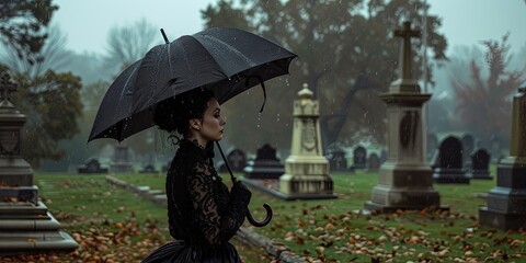 Widow in black holding a black umbrella on a rainy day in the cemetery