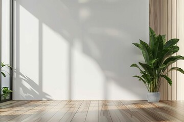 Mockup of White Wall with Plant and Wooden Floor, Interior Design Concept