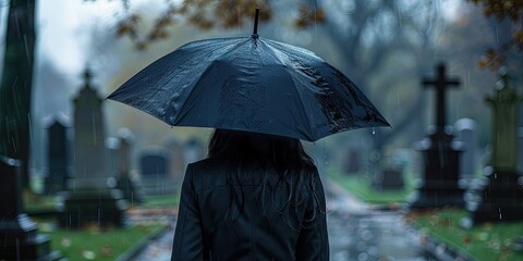 Widow in black holding a black umbrella on a rainy day in the cemetery