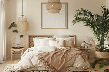 Mockup frame in cozy coastal boho bedroom interior, stylish home decor background, 3D illustration