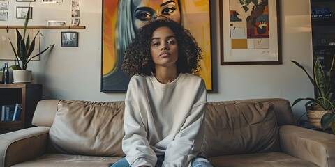 Young generation z woman in a sweater on her couch in the living room of her contemporary condo - obrazy, fototapety, plakaty