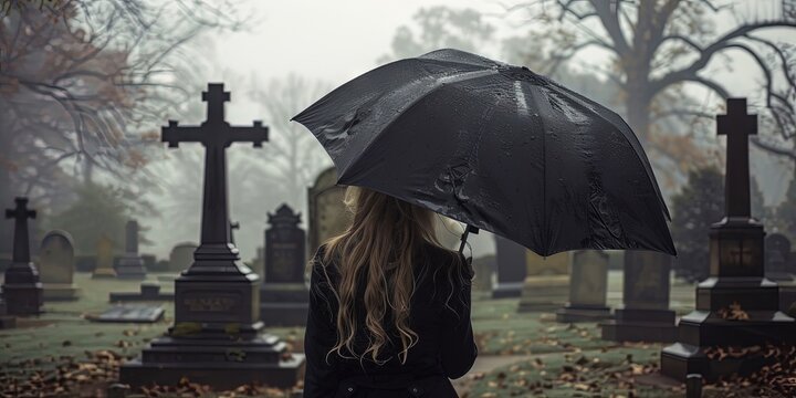 Widow in black holding a black umbrella on a rainy day in the cemetery