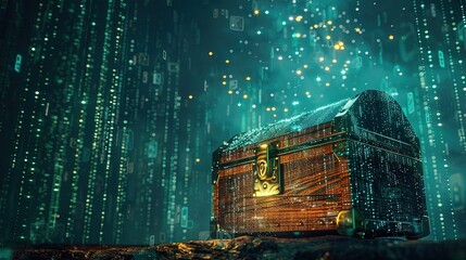 Treasure chest made of colorful digital data for cybersecurity and encryption, as well as cryptocurrency and digital banking