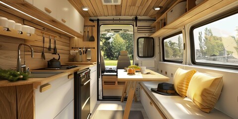 Interior of a van dwelling or RV (recreational vehicle) for cross-country travel and road trips - obrazy, fototapety, plakaty