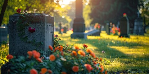 Flowers on a graveyard headstone in the cemetary - obrazy, fototapety, plakaty