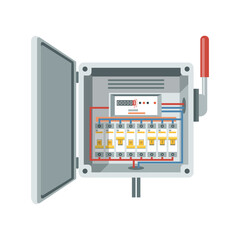 Fuse box. Electrical power switch panel with open door. Electricity equipment. Power Switch Panel. Vector illustration, isolated on white background.