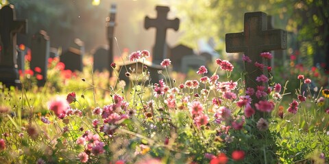 Flowers on a graveyard headstone in the cemetary - obrazy, fototapety, plakaty