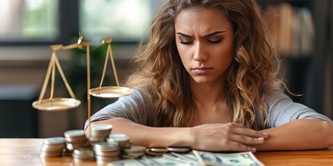 Upset woman looking at stacks of cash money on the tabletop with scales of justice in the background - obrazy, fototapety, plakaty