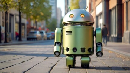 Friendly green robot on city sidewalk. Quirky android with glowing eyes enjoying a sunny day. Concept of futuristic companion, robotics in urban life, and friendly technology.