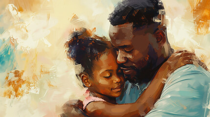 Abstract African American father & daughter family watercolor portrait. Father's Day illustration. Painting of black dad & child hugging. Black History Month. Oil painting family artwork. Copy space - obrazy, fototapety, plakaty