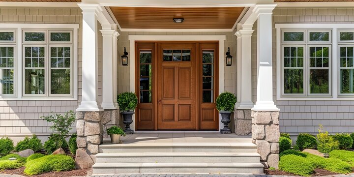 Exquisite porch with wooden door and fancy trim on contemporary upper middle class house