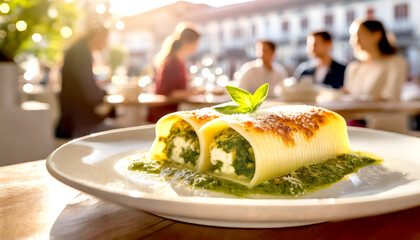 Cannelloni mit Spinat im Hintergrund ein Restaurant mit Gästen  - obrazy, fototapety, plakaty