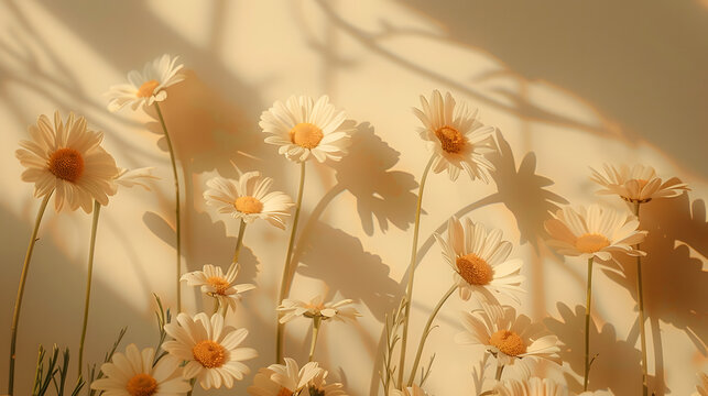 Elegant aesthetic chamomile daisy flowers pattern with sunlight shadows on neutral beige background with copy space