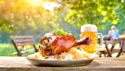 Schweinshaxe mit Sauerkraut und Bier im Biergarten 