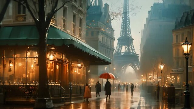 Digital painting of a street in Paris, France with people walking under an umbrella, AI Generated