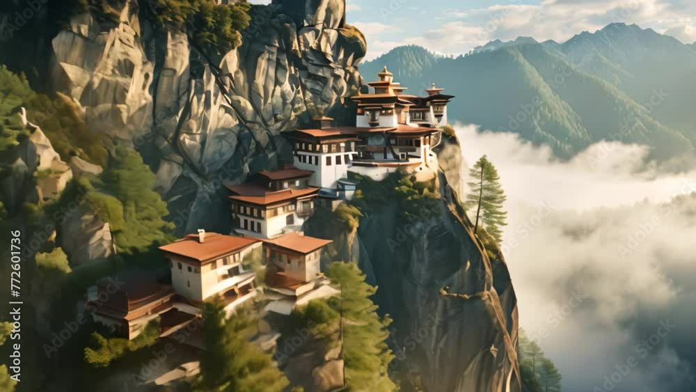 Wall mural tibetan buddhist monastery on the top of a cliff in the morning, ai generated