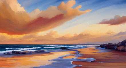 Fototapeta premium Serene Sunset With Calm Waters Reflecting The Orange And Purple Hues Of The Sky, Generative AI