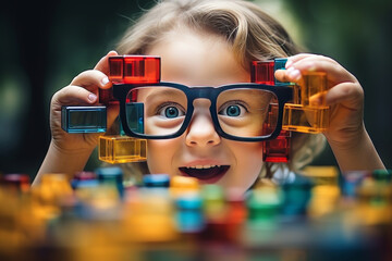Excited boy in glasses playing with colorful  blocks,favorite toy for kids creativity in playtime