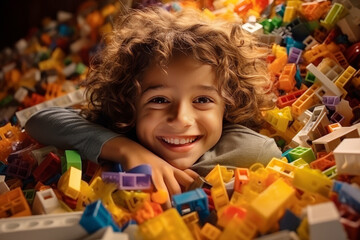 Smiling little boy playing with colorful blocks in evening light, fun home games
