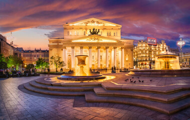 Twilight Panorama of the Bolshoi Theatre, Moscow with Fountain, People, and Urban Life - Powered by Adobe
