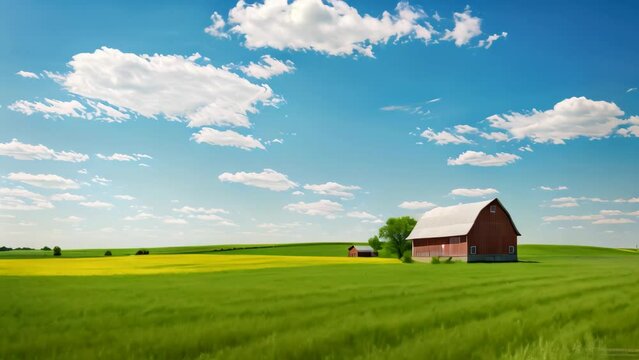 Red Barn and silos in a field of wheat with blue sky, AI Generated