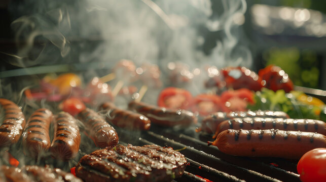 A barbecue grill loaded with sizzling hotdogs, burgers, and vegetables, showcasing tantalizing grill marks and wisps of smoke, igniting the senses with the aroma of summer cookouts