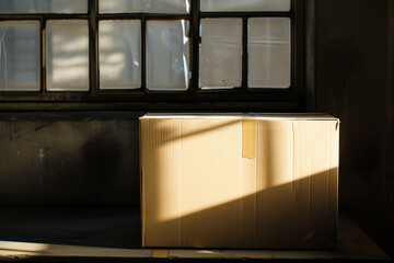 Corrugated board parcel template - Bathing in sunlight through window - Custom logistics parcel
