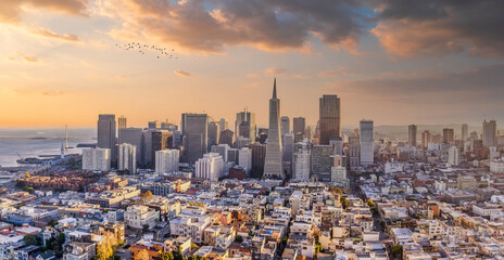 Golden Sunrise Over San Francisco Skyline with Iconic Transamerica Pyramid