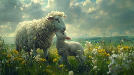 Two sheep graze in a grassy field of yellow flowers - obrazy, fototapety, plakaty