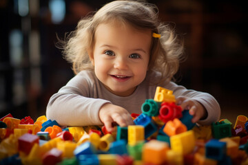 Fototapeta na wymiar Cute little girl joyfully playing with colorful building blocks, educational toy