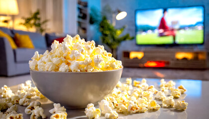 Schüssel mit Popcorn im Hintergrund ein laufender Fernseher  - obrazy, fototapety, plakaty